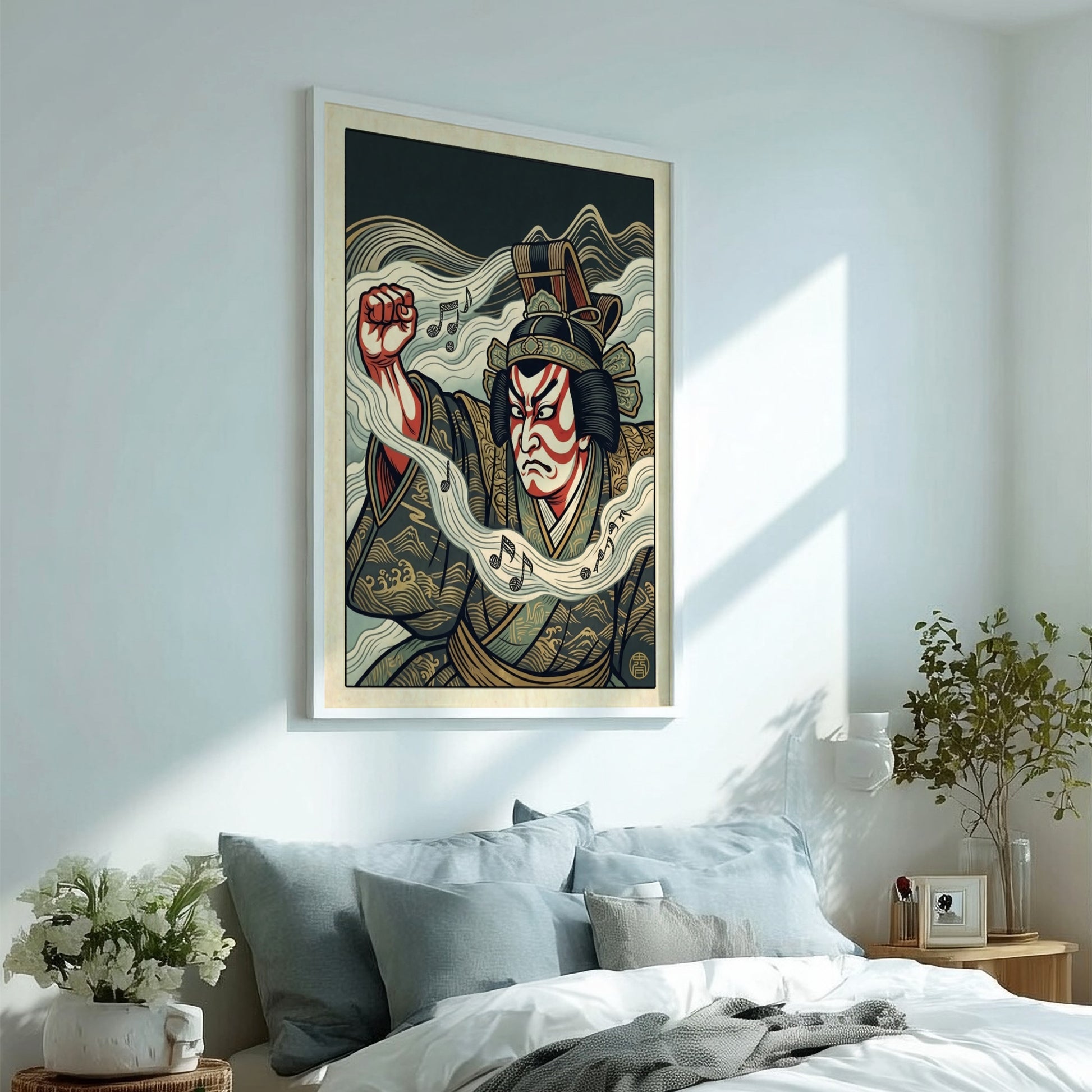 Kabuki actor waves poster featuring bold colors and traditional Japanese art style