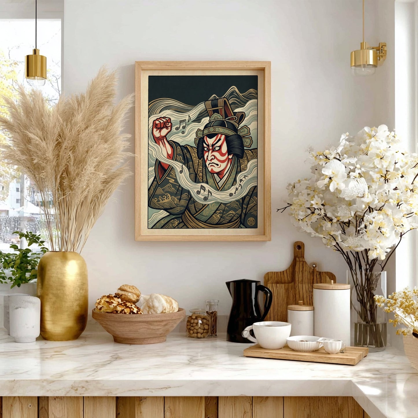 Kabuki actor waves poster featuring bold colors and traditional Japanese art style