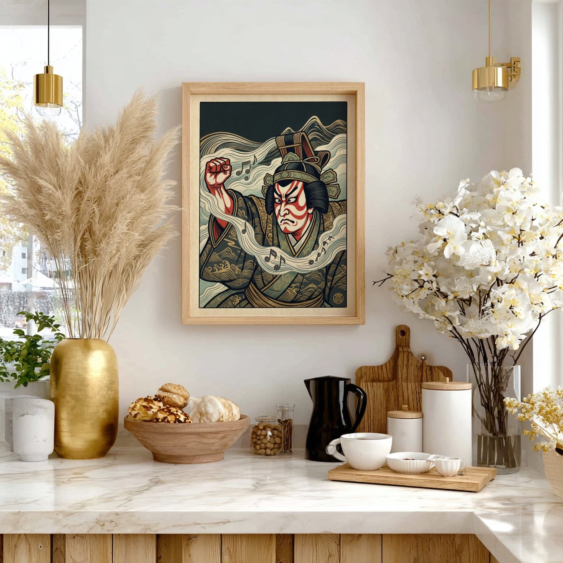 Kabuki actor waves poster featuring bold colors and traditional Japanese art style
