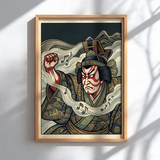 Kabuki actor waves poster featuring bold colors and traditional Japanese art style