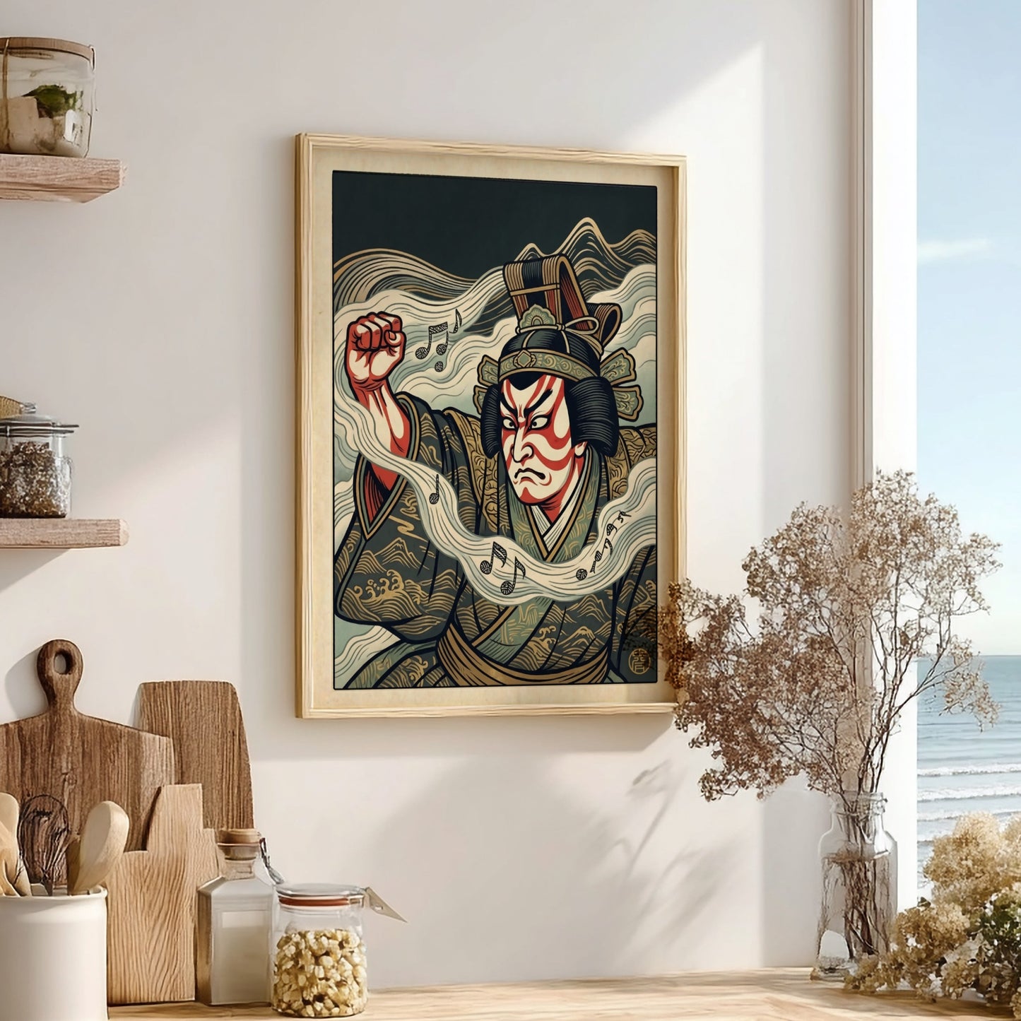 Kabuki actor waves poster featuring bold colors and traditional Japanese art style