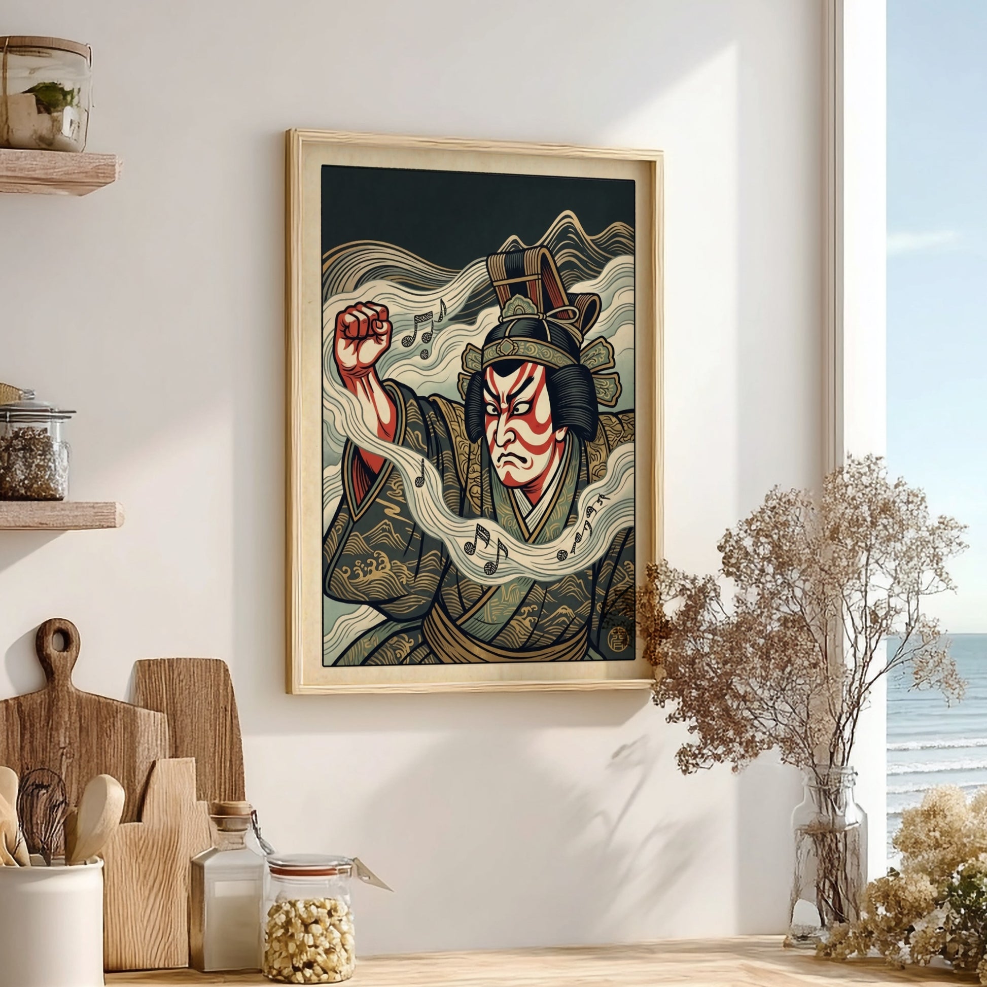 Kabuki actor waves poster featuring bold colors and traditional Japanese art style