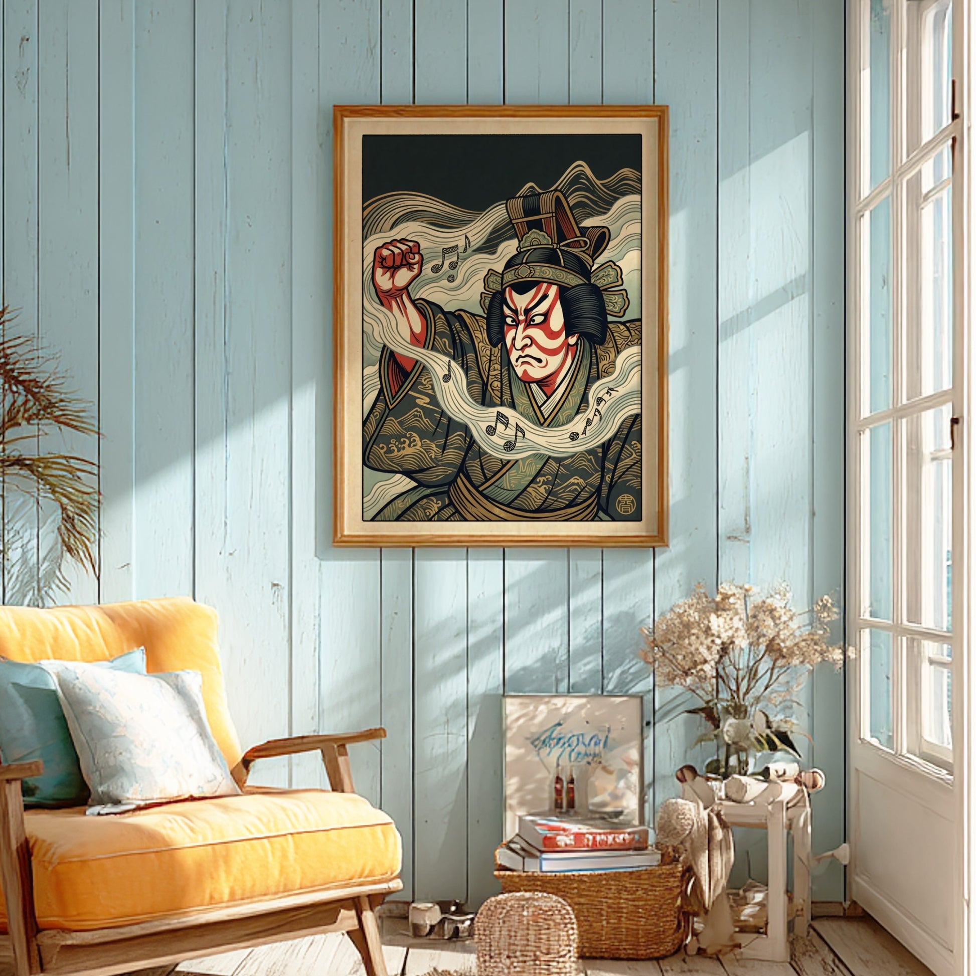 Kabuki actor waves poster featuring bold colors and traditional Japanese art style
