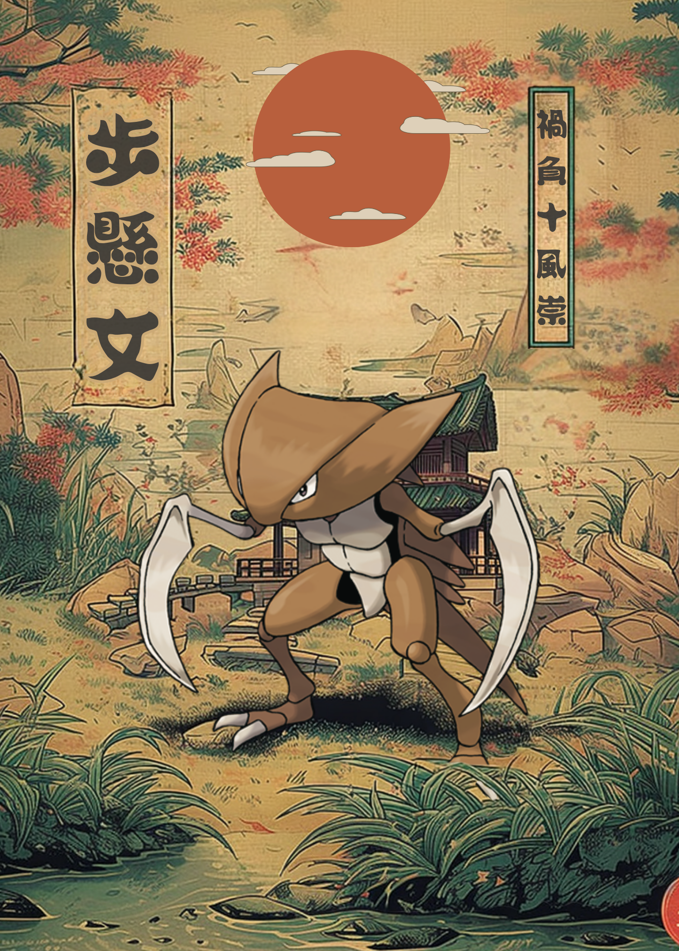 Kabutops Pokemon in a traditional Japanese setting with a large sun and cherry blossoms.