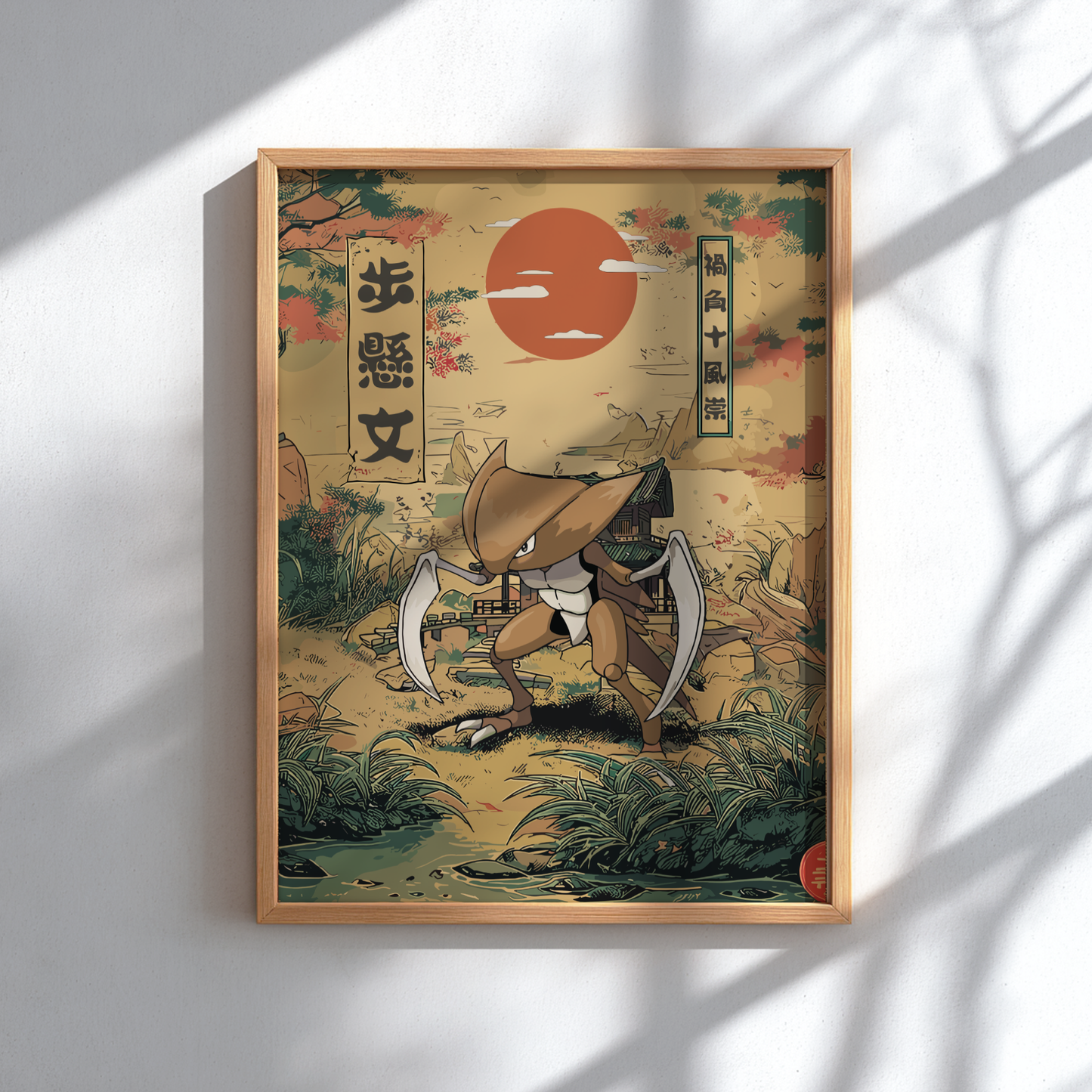 Framed artwork of Kabutops Pokemon with traditional Japanese design elements on a wall.