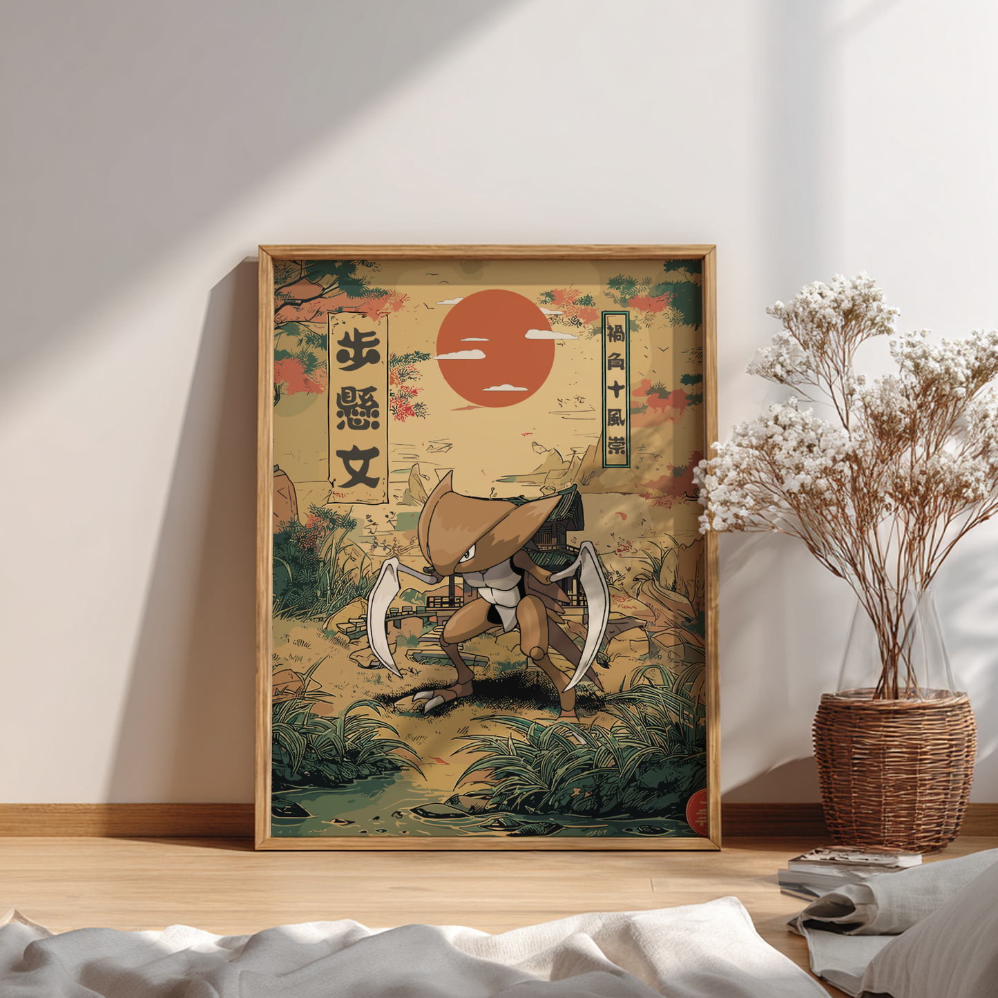 Framed artwork of Kabutops Pokemon in traditional attire with a sunset in a room with a plant and books.