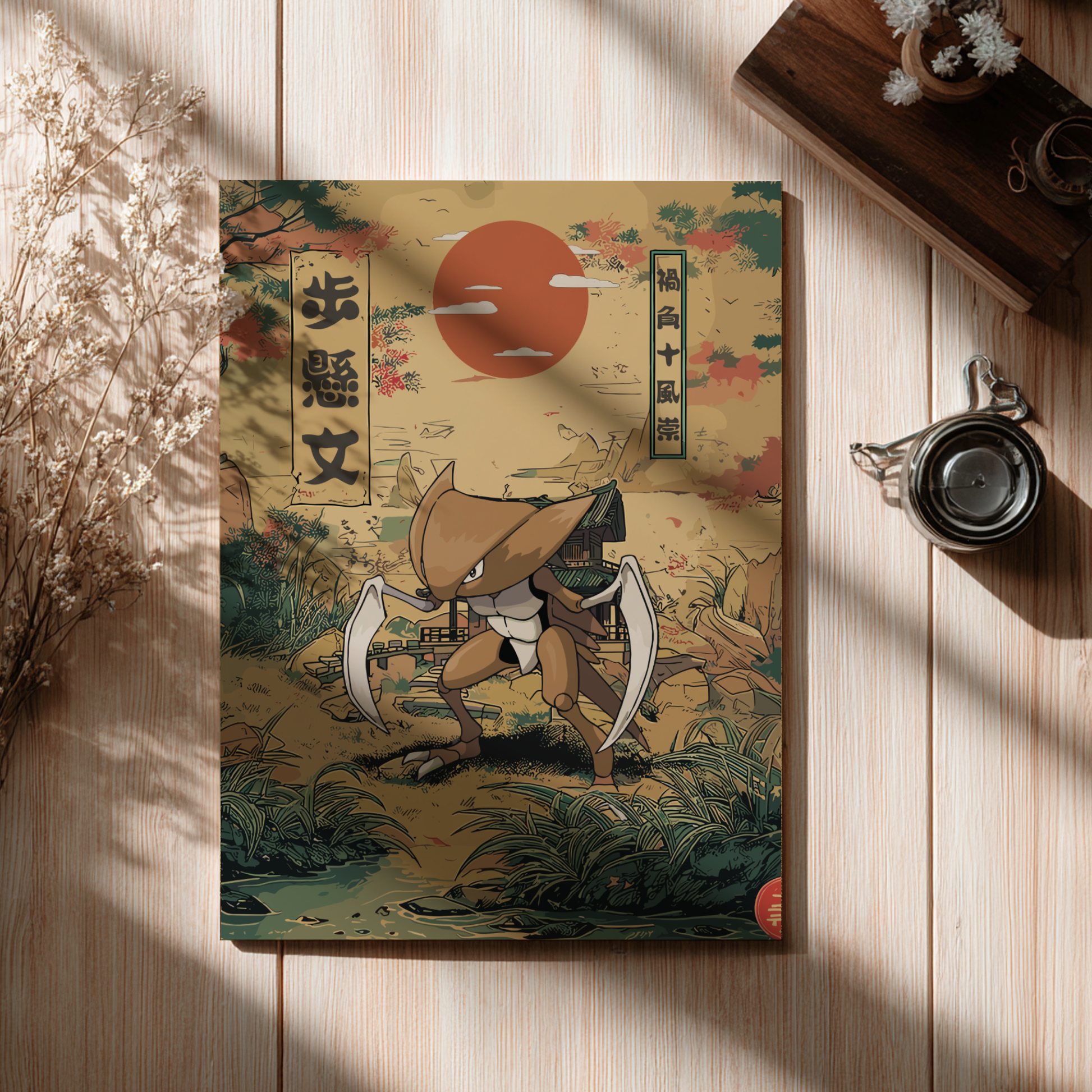 Poster of Kabutops Pokemon design on a wooden surface