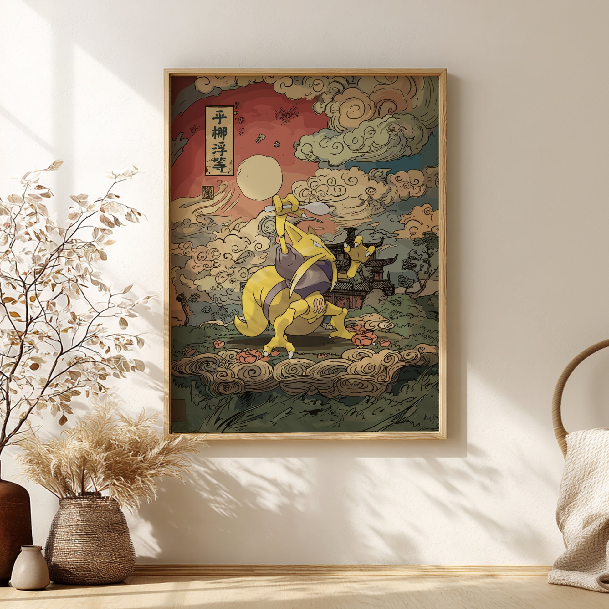 Framed artwork of Kadabra Pokemon on a cloud in a room with decor elements.