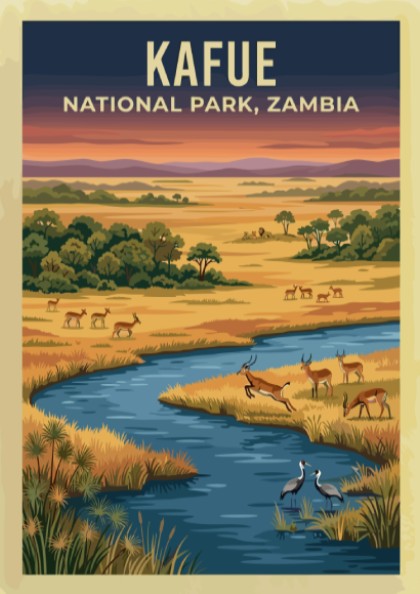 Kafue National Park poster featuring a vibrant landscape with wildlife and a river, perfect for nature