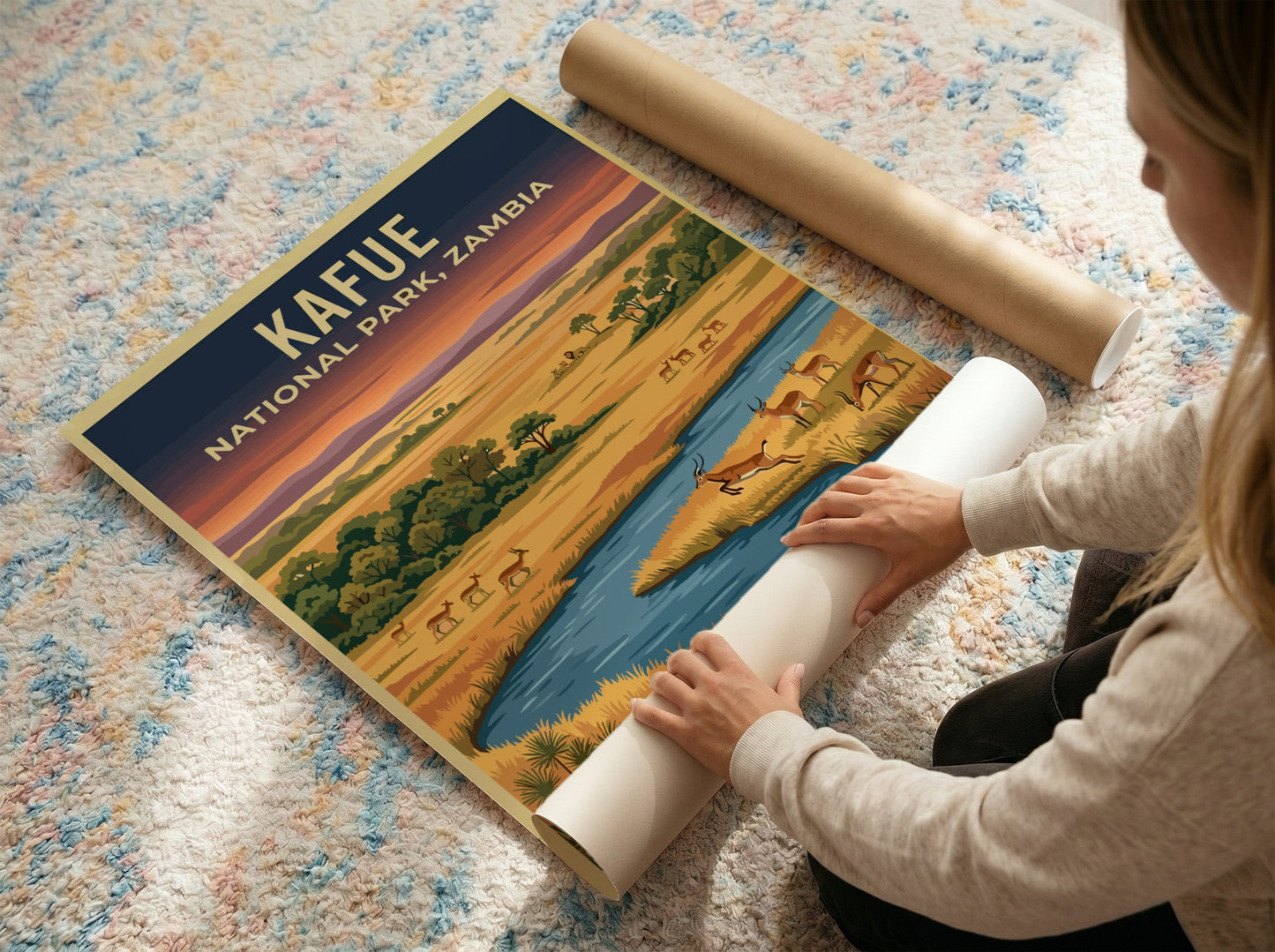 Kafue National Park poster featuring a vibrant landscape with wildlife and a river, perfect for nature