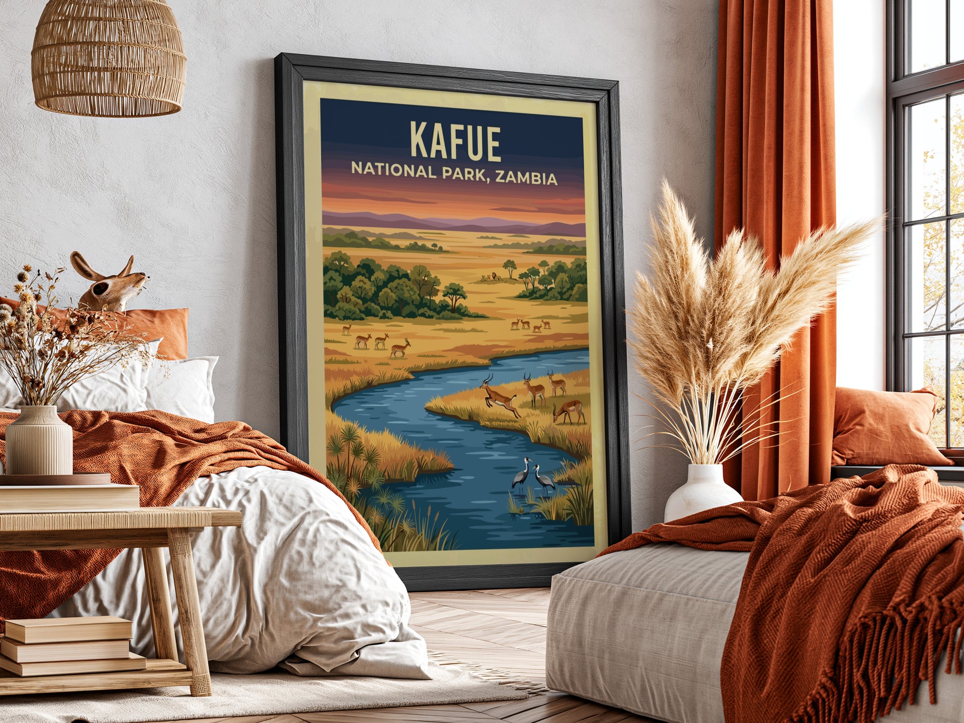 Kafue National Park poster featuring a vibrant landscape with wildlife and a river, perfect for nature