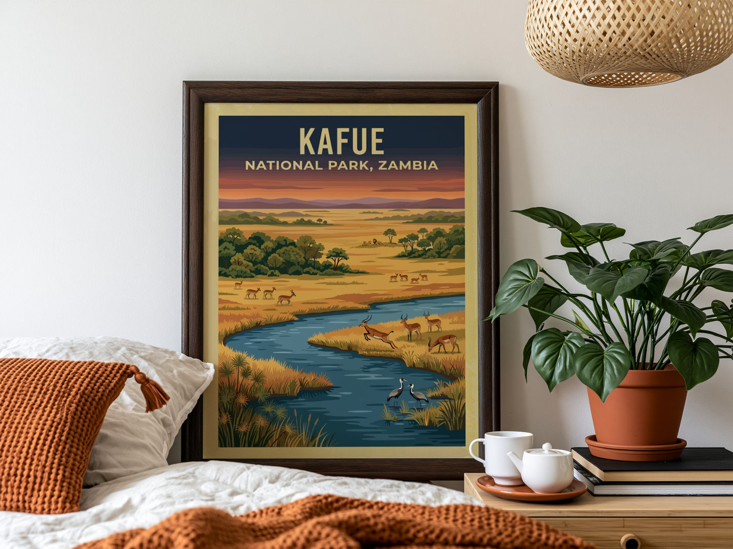Kafue National Park poster featuring a vibrant landscape with wildlife and a river, perfect for nature