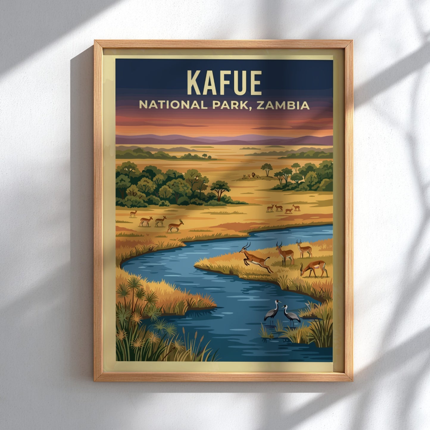 Kafue National Park poster featuring a vibrant landscape with wildlife and a river, perfect for nature