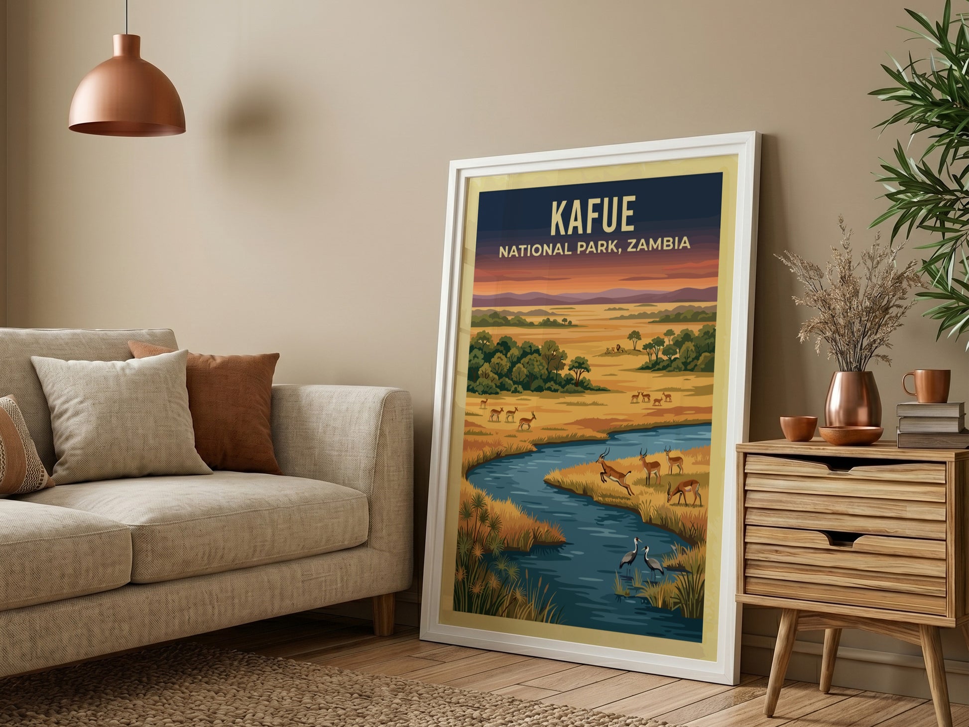 Kafue National Park poster featuring a vibrant landscape with wildlife and a river, perfect for nature