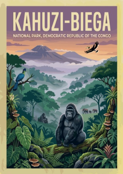 Kahuzi-Biega National Park poster featuring vibrant colors, wildlife, and lush greenery, perfect for nature