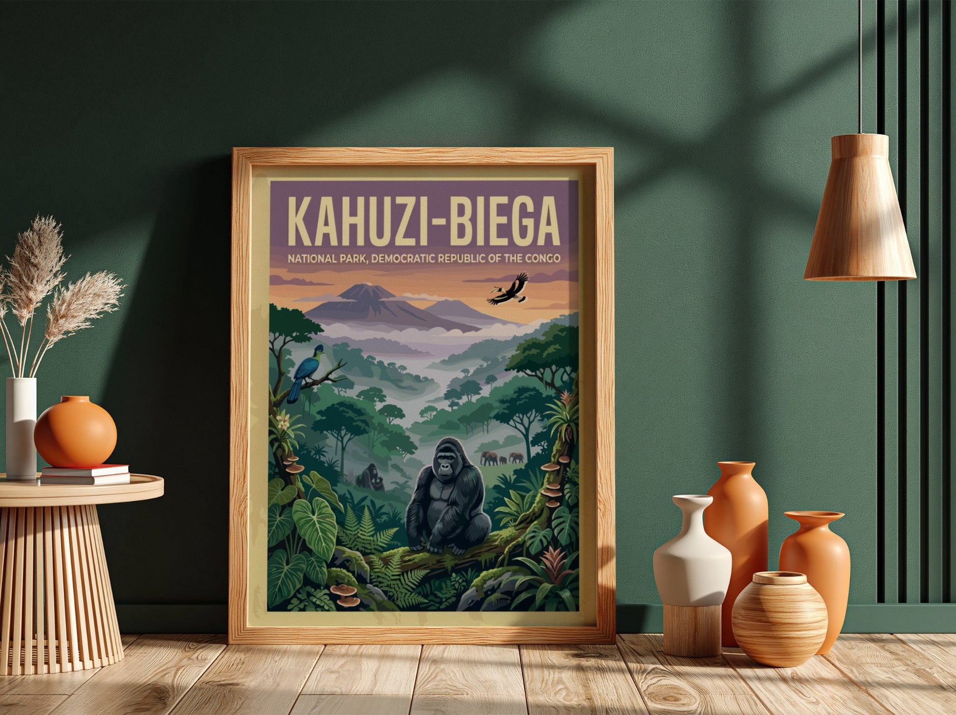 Kahuzi-Biega National Park poster featuring vibrant colors, wildlife, and lush greenery, perfect for nature
