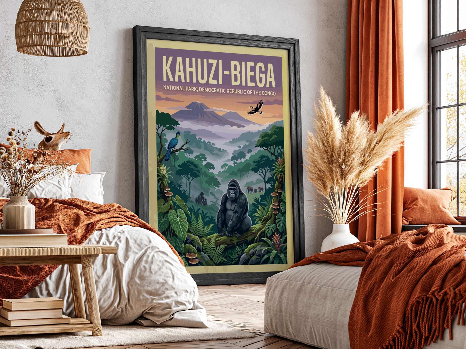 Kahuzi-Biega National Park poster featuring vibrant colors, wildlife, and lush greenery, perfect for nature