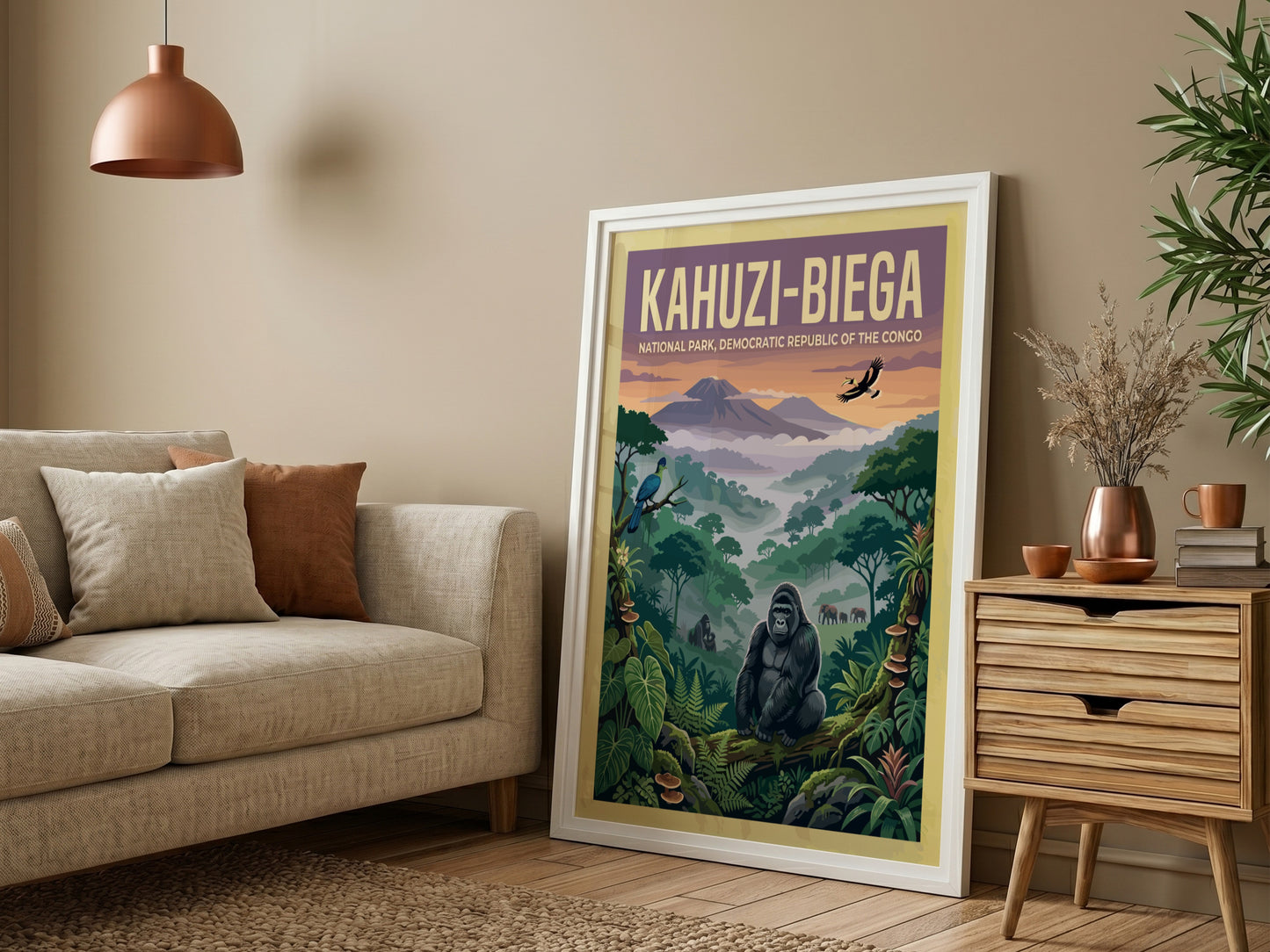 Kahuzi-Biega National Park poster featuring vibrant colors, wildlife, and lush greenery, perfect for nature