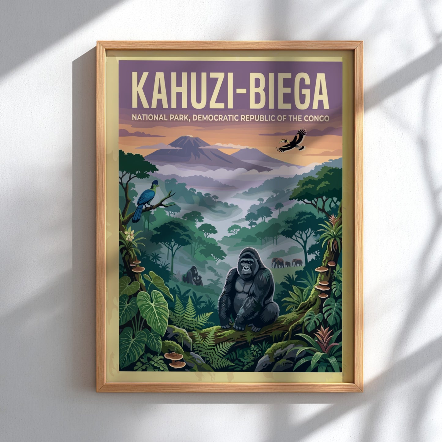 Kahuzi-Biega National Park poster featuring vibrant colors, wildlife, and lush greenery, perfect for nature