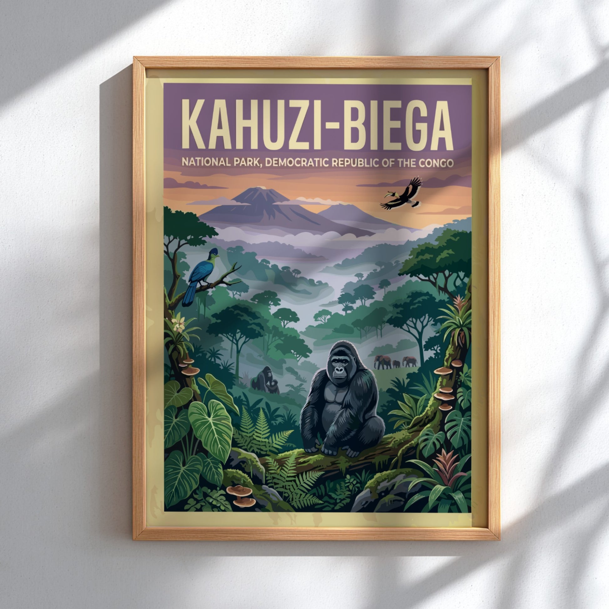 Kahuzi-Biega National Park poster featuring vibrant colors, wildlife, and lush greenery, perfect for nature