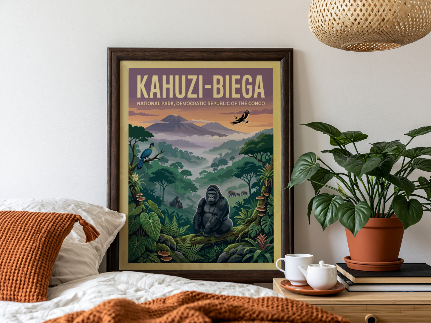 Kahuzi-Biega National Park poster featuring vibrant colors, wildlife, and lush greenery, perfect for nature