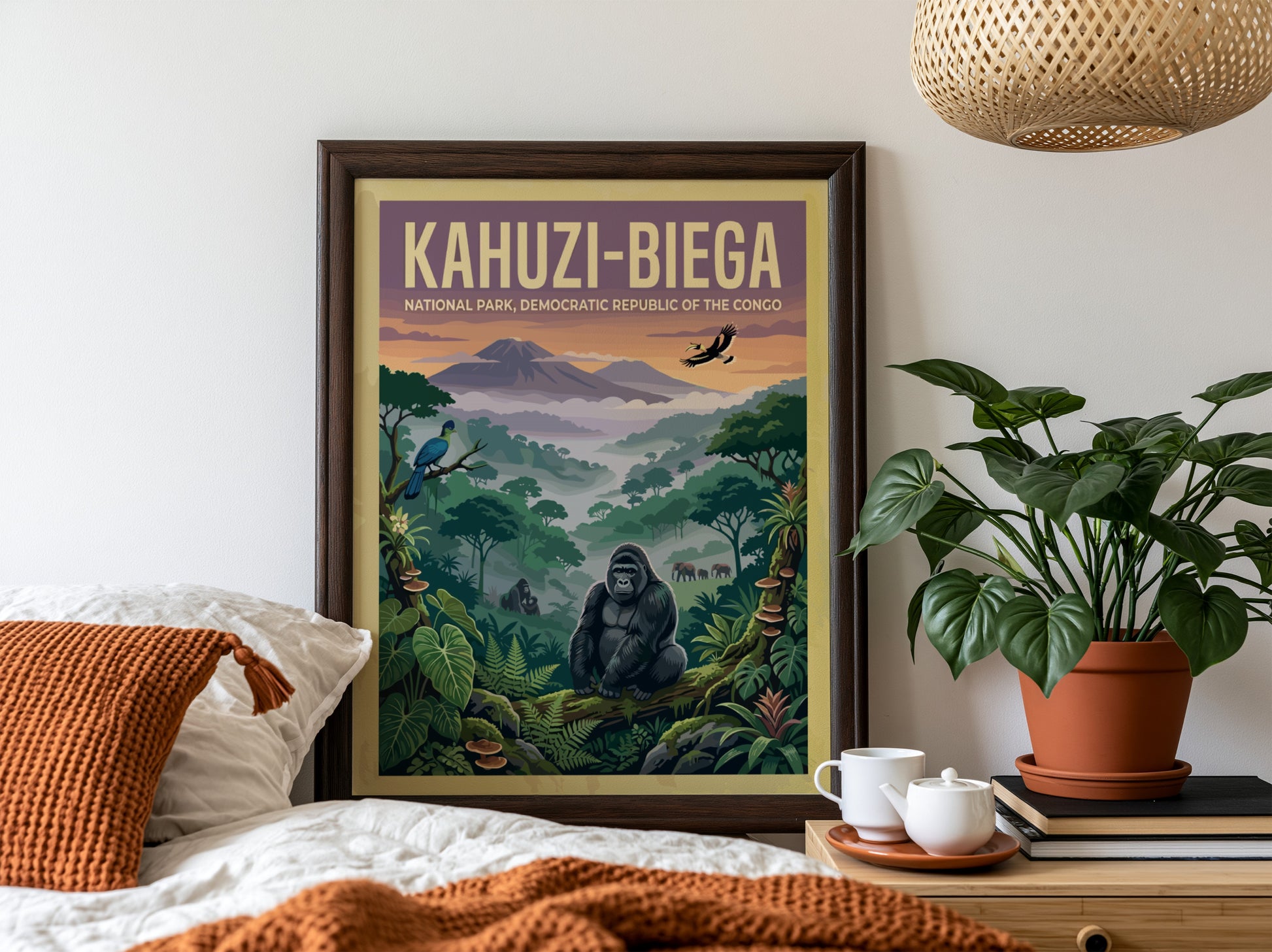 Kahuzi-Biega National Park poster featuring vibrant colors, wildlife, and lush greenery, perfect for nature