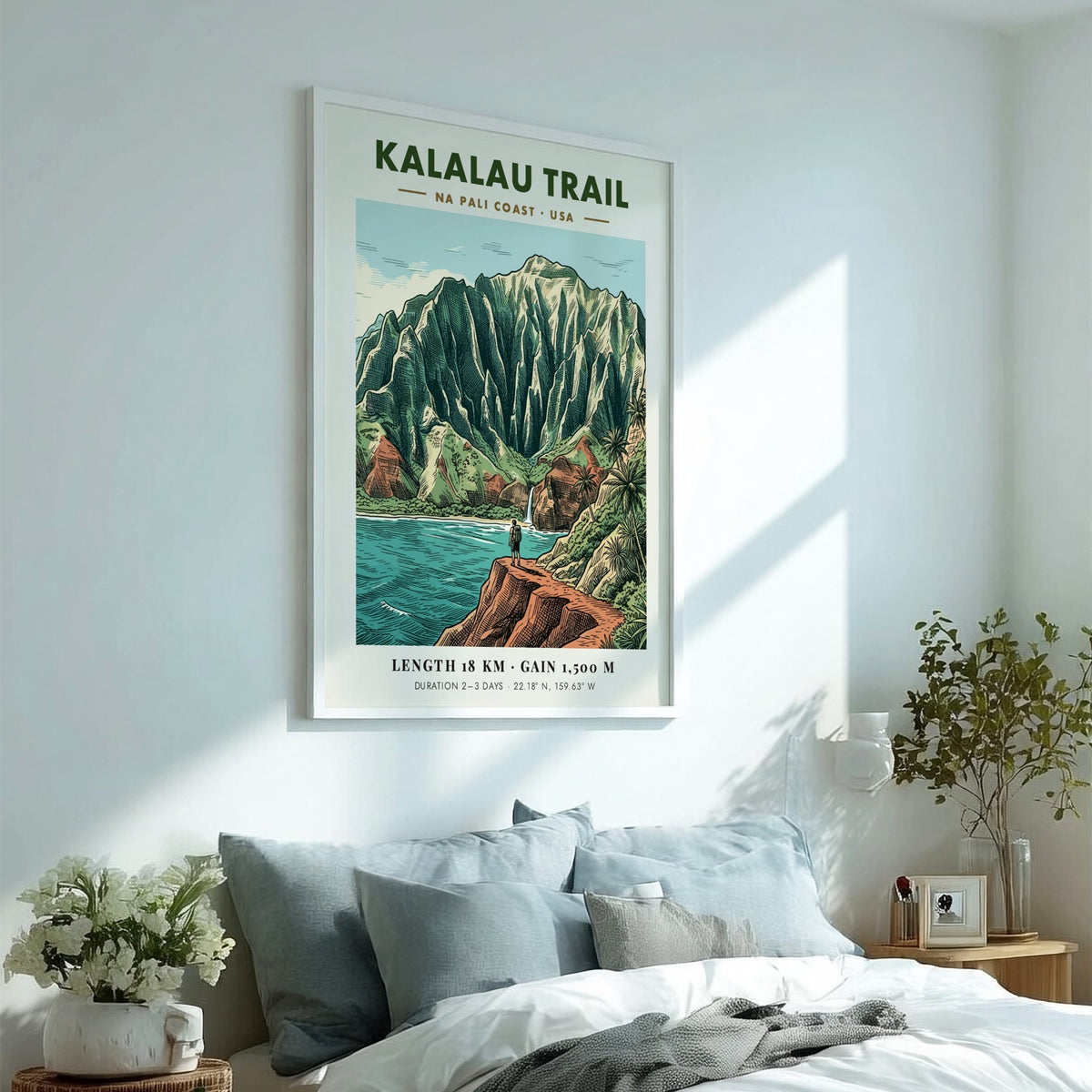 Hiking poster of the Kalalau Trail on the Na Pali Coast with rugged cliffs