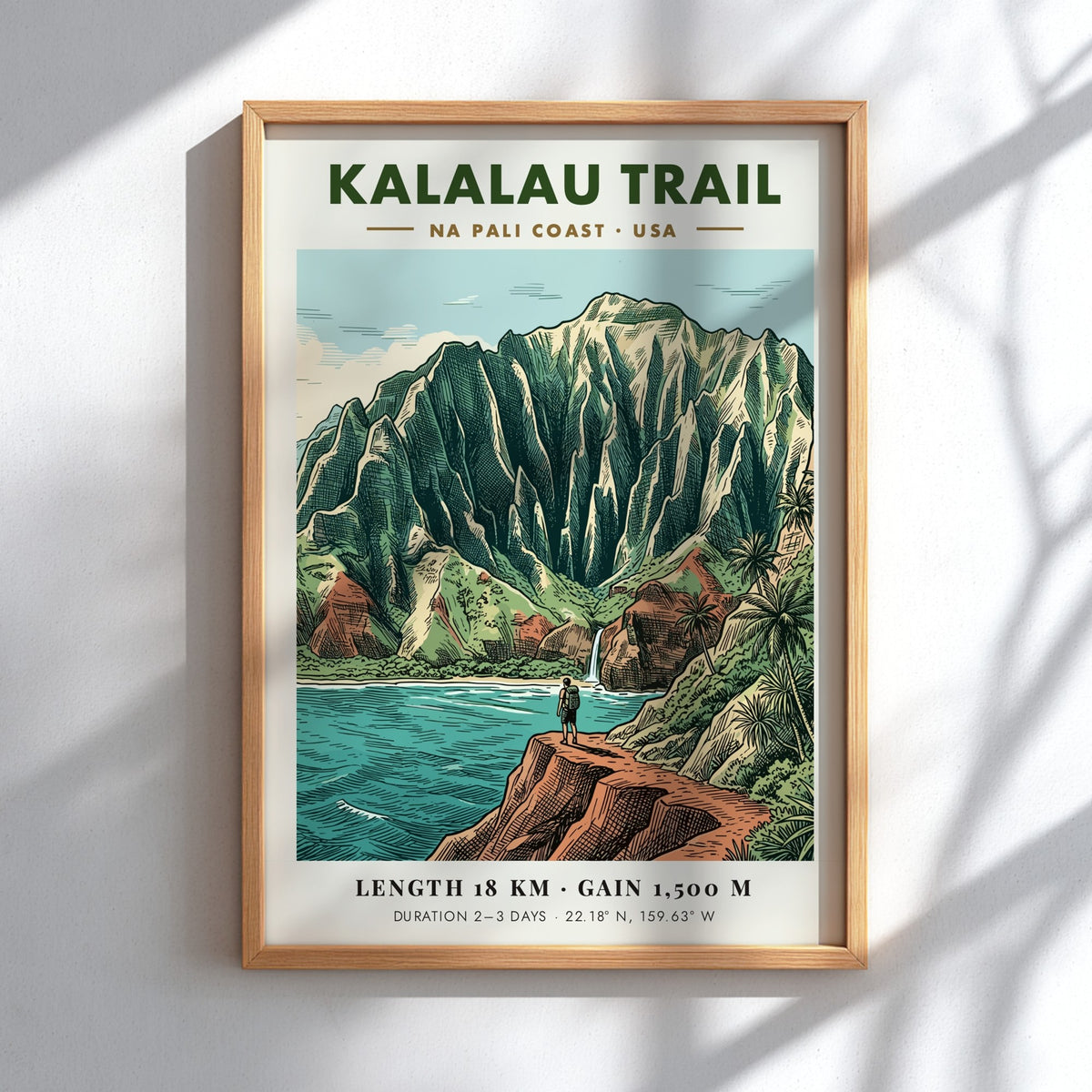 Hiking poster of the Kalalau Trail on the Na Pali Coast with rugged cliffs