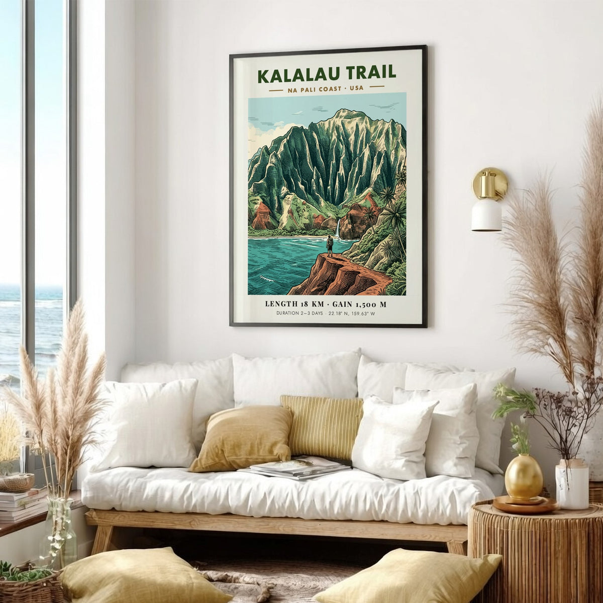 Hiking poster of the Kalalau Trail on the Na Pali Coast with rugged cliffs