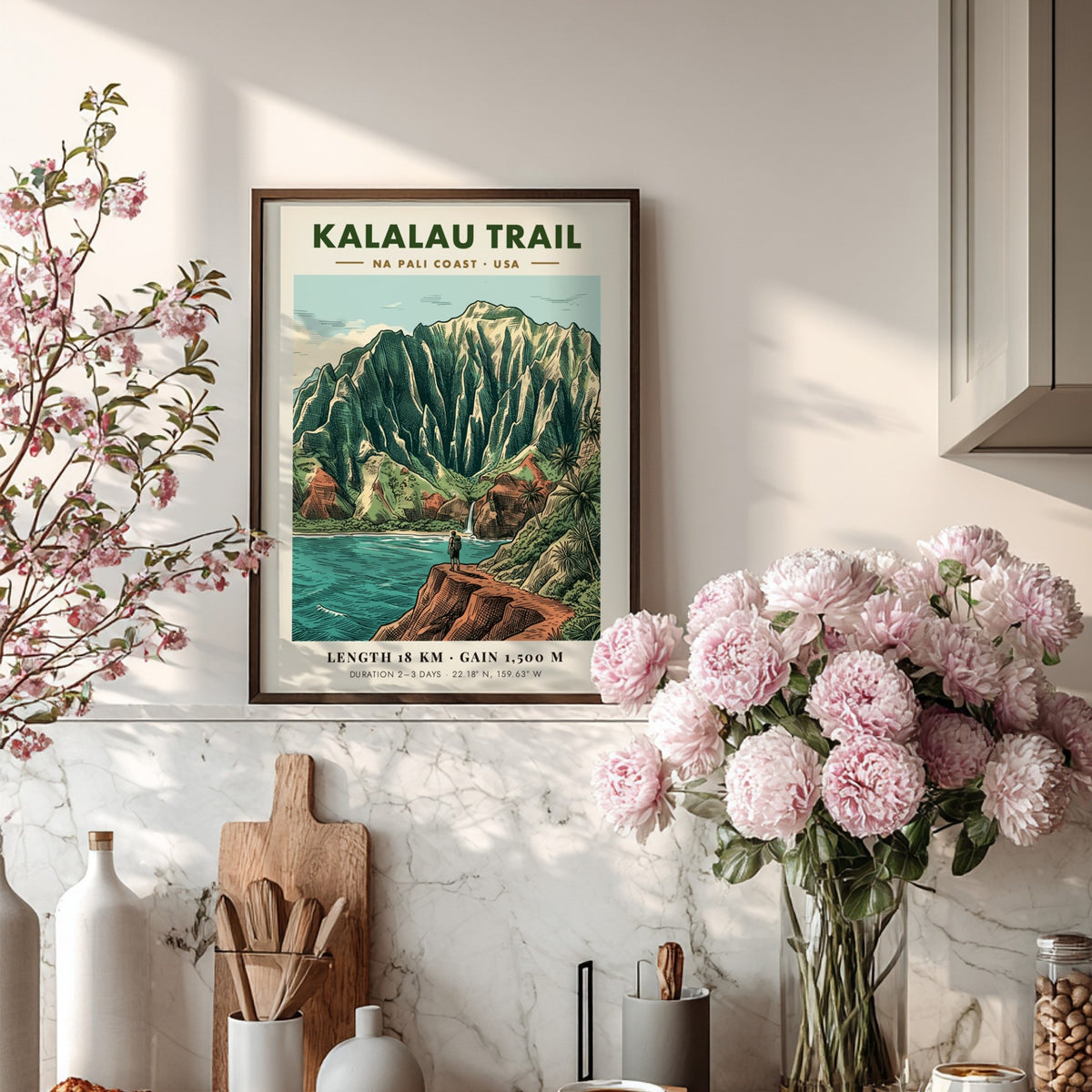 Hiking poster of the Kalalau Trail on the Na Pali Coast with rugged cliffs