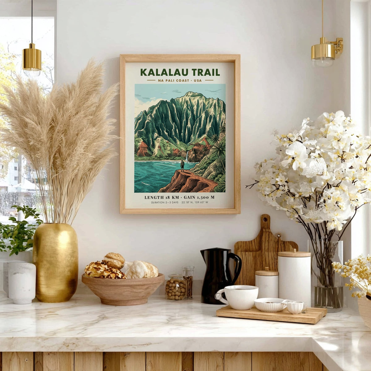 Hiking poster of the Kalalau Trail on the Na Pali Coast with rugged cliffs