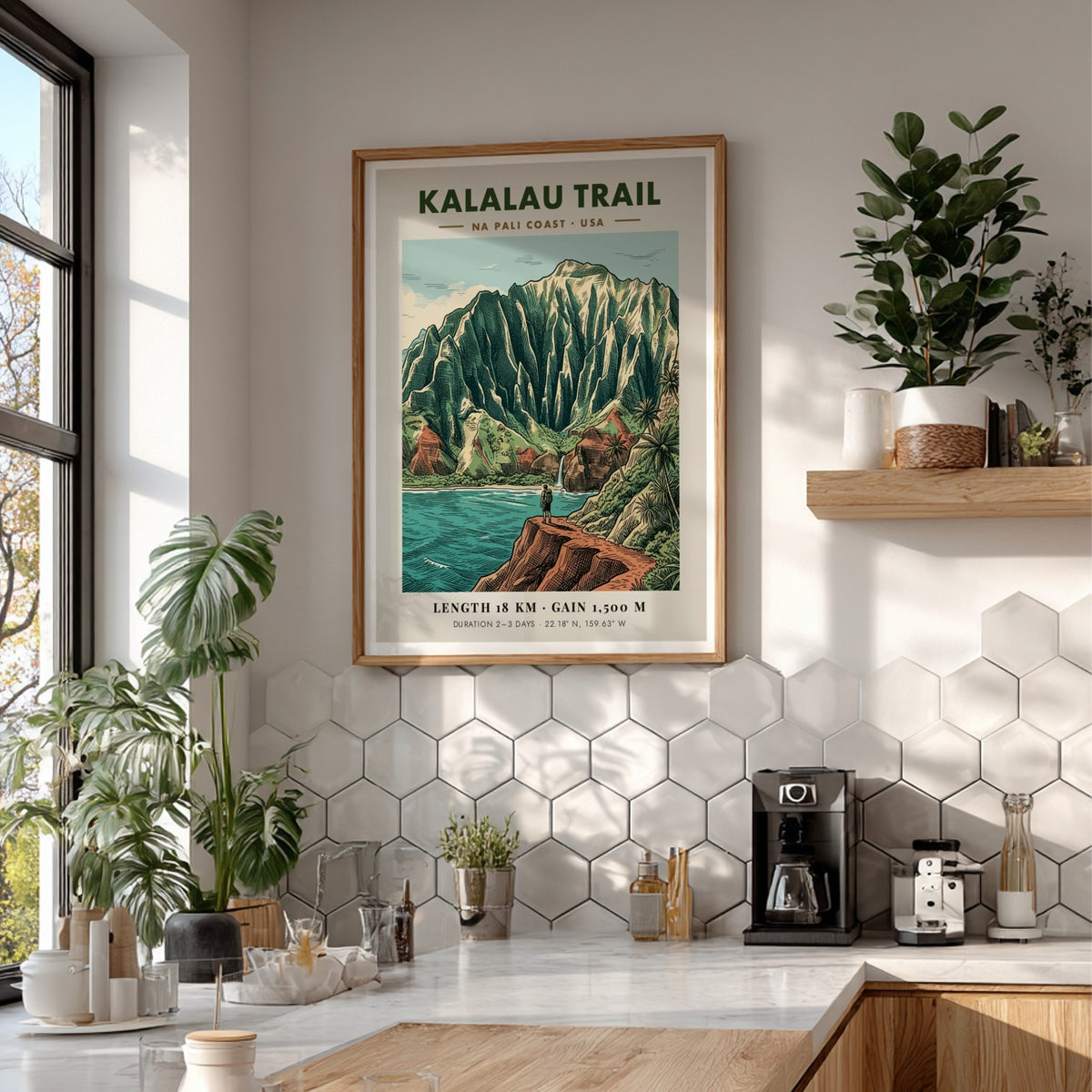 Hiking poster of the Kalalau Trail on the Na Pali Coast with rugged cliffs