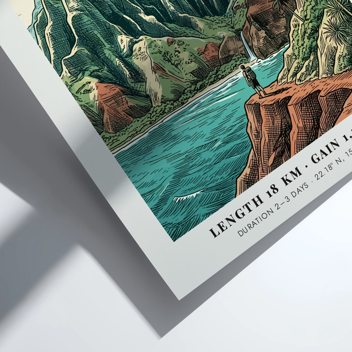 Hiking poster of the Kalalau Trail on the Na Pali Coast with rugged cliffs