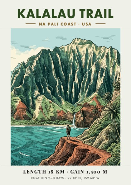 Hiking poster of the Kalalau Trail on the Na Pali Coast with rugged cliffs
