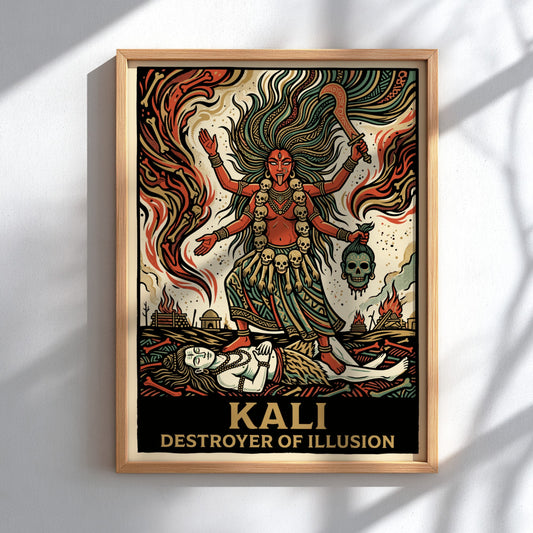 Poster of the Hindu goddess Kali standing over Shiva, styled in bold woodblock colours.