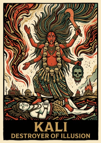 Poster of the Hindu goddess Kali standing over Shiva, styled in bold woodblock colours.