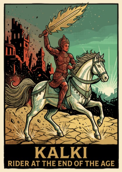 Poster of Kalki riding a white horse with a flaming sword near ruins.