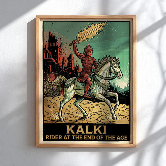 Poster of Kalki riding a white horse with a flaming sword near ruins.