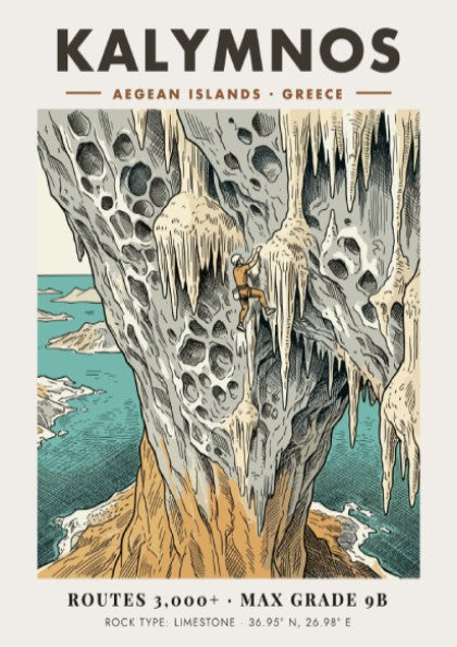 Poster of a climber on limestone cliffs in Kalymnos with Aegean island scenery.