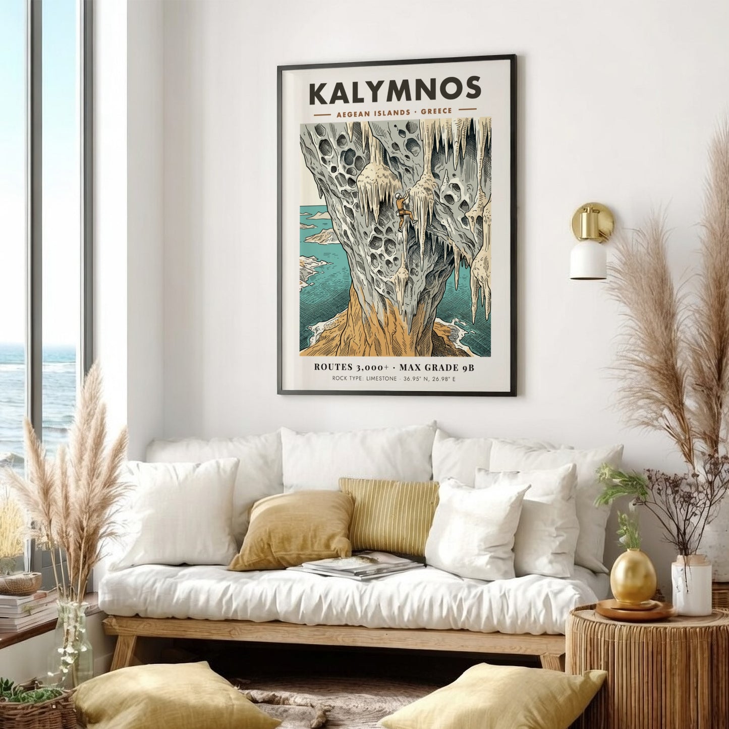 Poster of a climber on limestone cliffs in Kalymnos with Aegean island scenery.