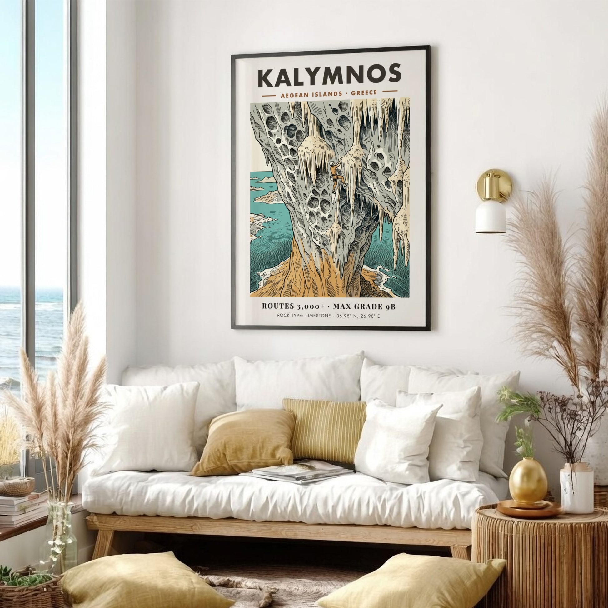 Poster of a climber on limestone cliffs in Kalymnos with Aegean island scenery.