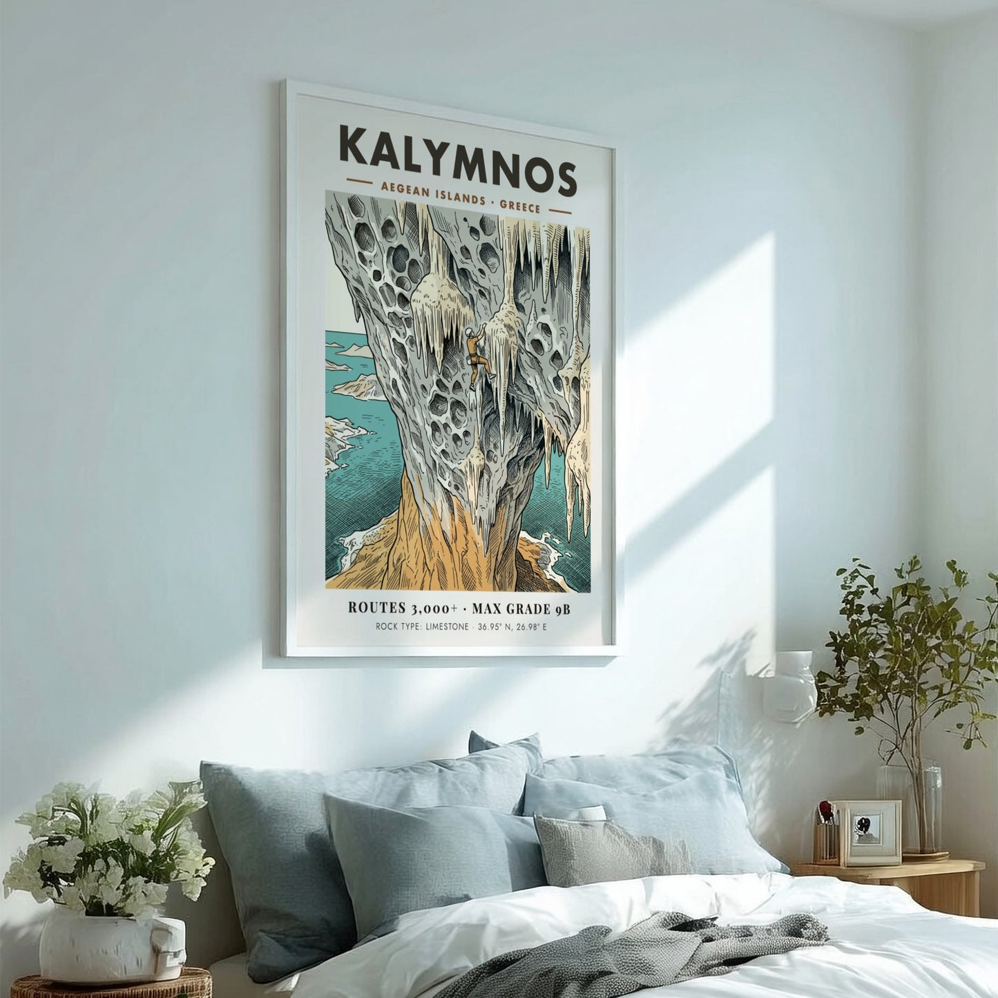 Poster of a climber on limestone cliffs in Kalymnos with Aegean island scenery.