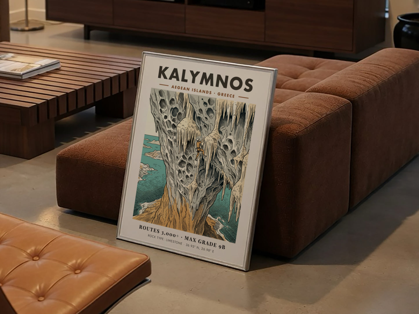 Poster of a climber on limestone cliffs in Kalymnos with Aegean island scenery.