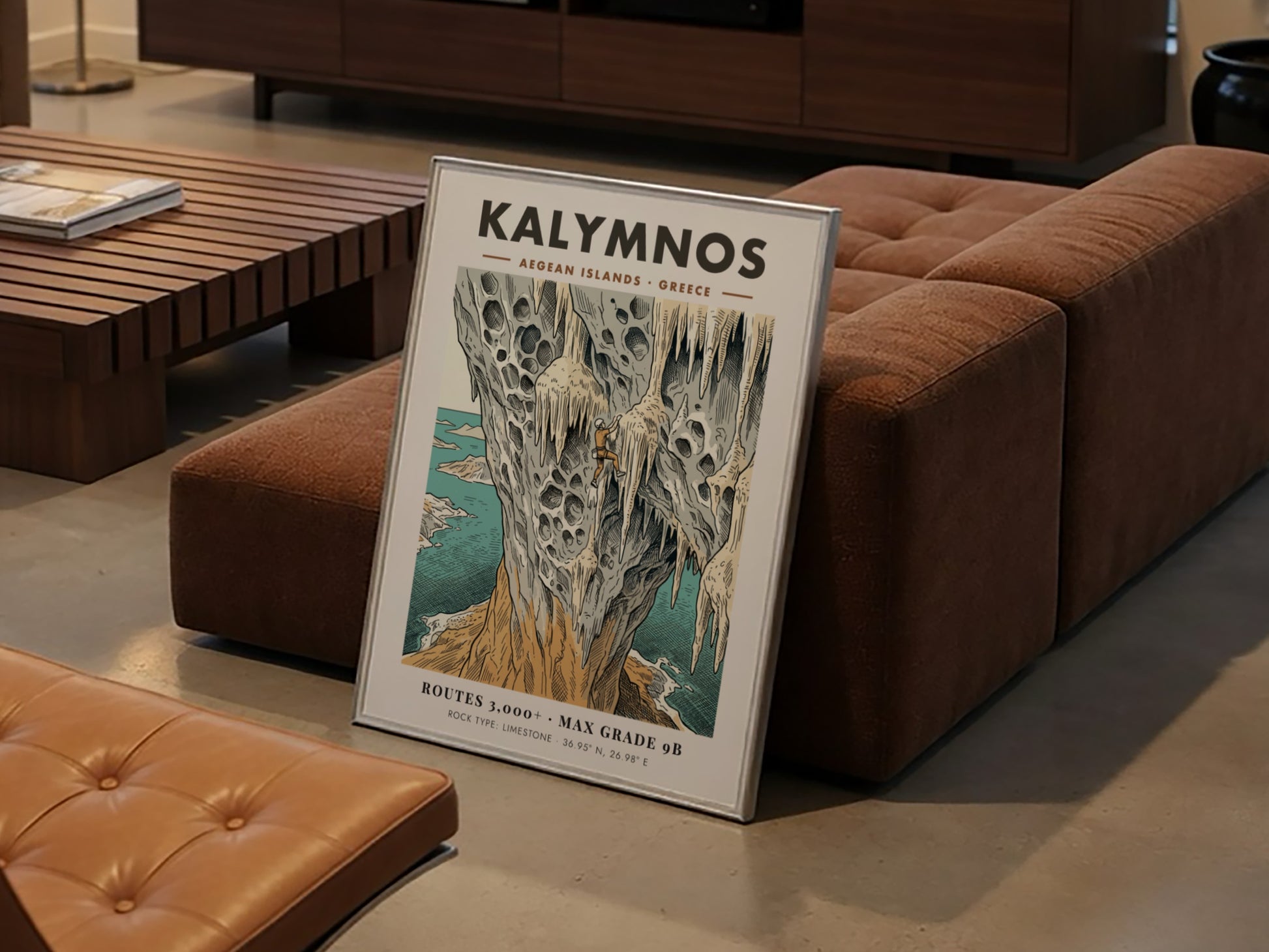 Poster of a climber on limestone cliffs in Kalymnos with Aegean island scenery.