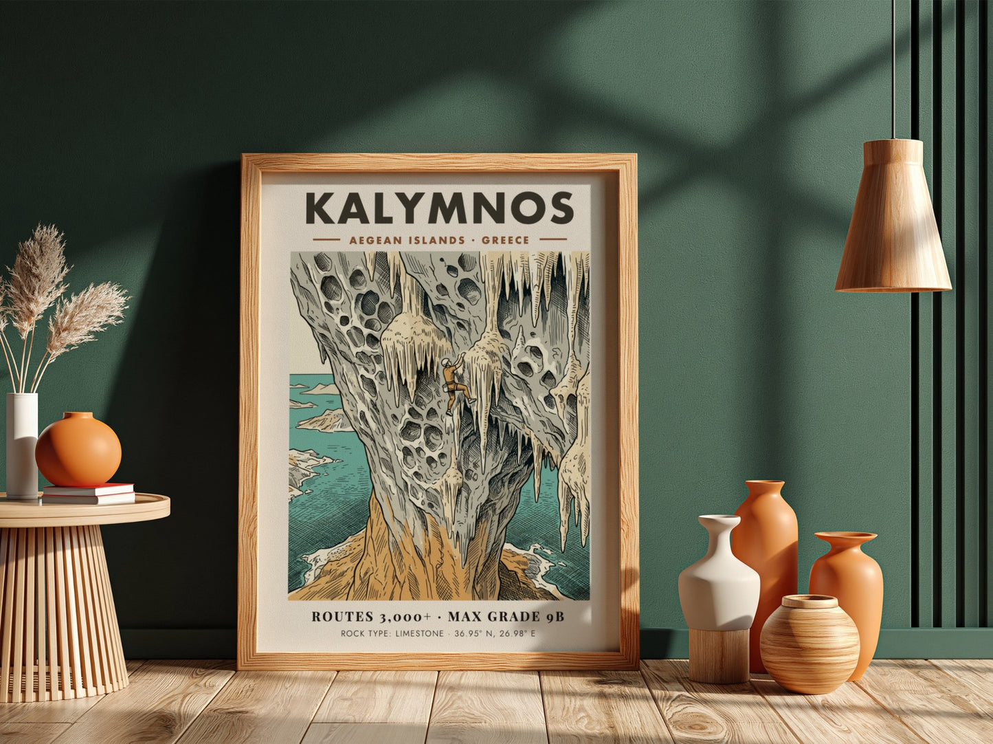 Poster of a climber on limestone cliffs in Kalymnos with Aegean island scenery.