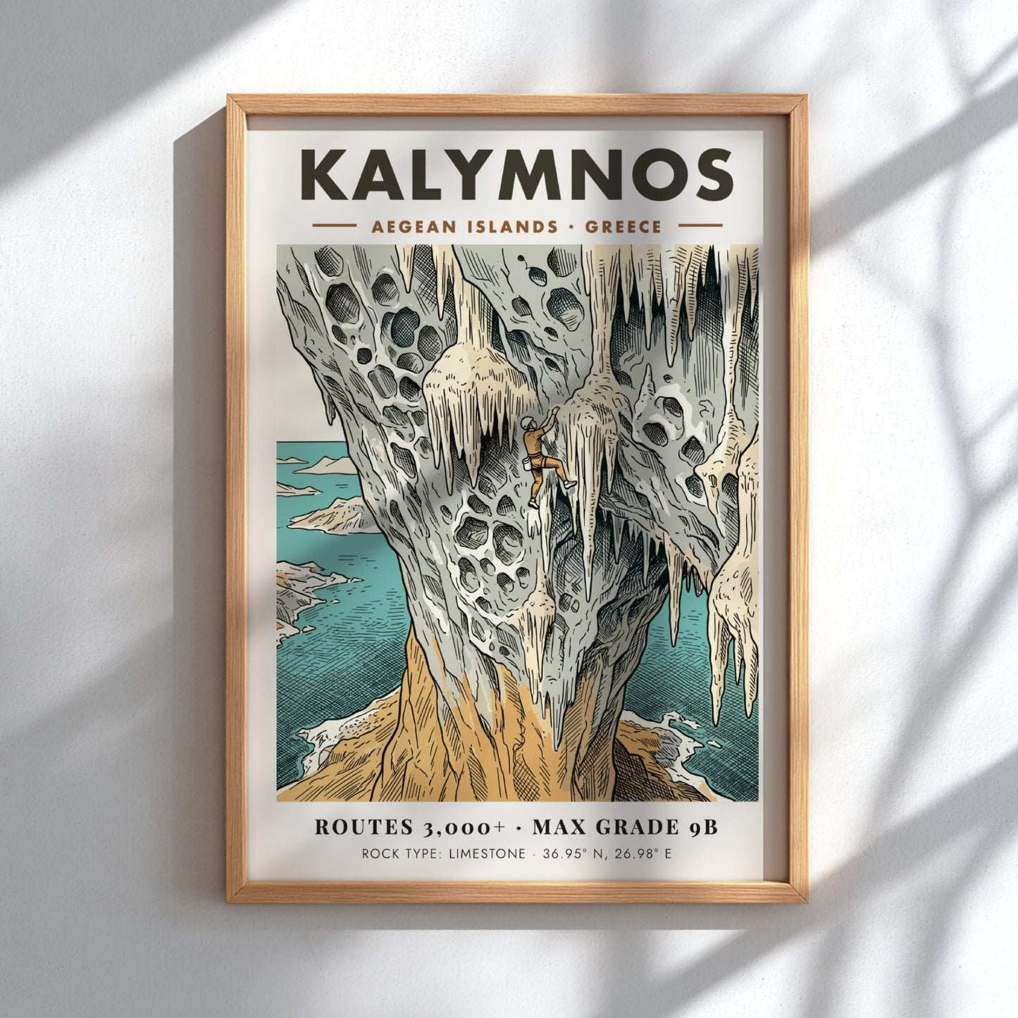 Poster of a climber on limestone cliffs in Kalymnos with Aegean island scenery.