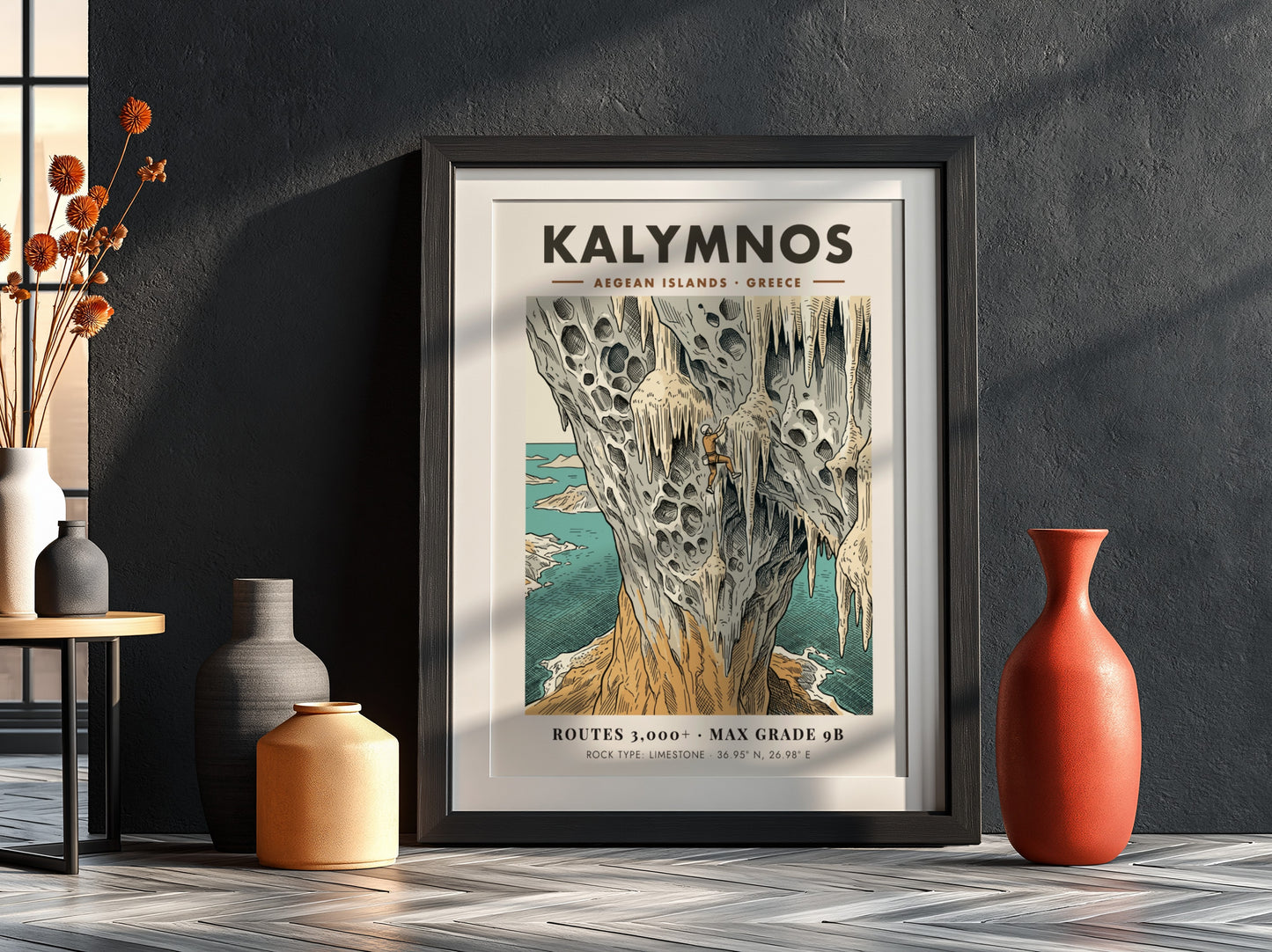 Poster of a climber on limestone cliffs in Kalymnos with Aegean island scenery.