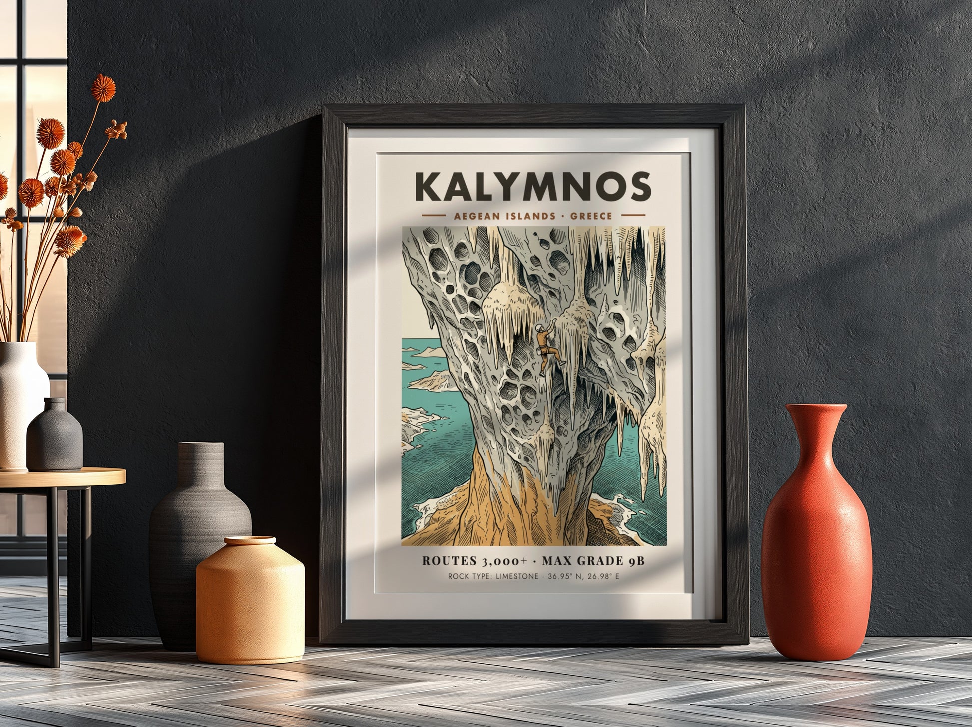 Poster of a climber on limestone cliffs in Kalymnos with Aegean island scenery.