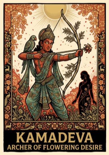 Poster of Kamadeva holding a flower-tipped bow, detailed with a parrot and flowers.
