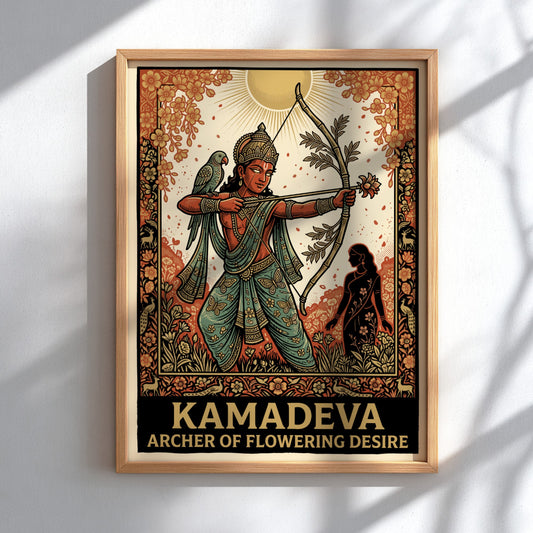 Poster of Kamadeva holding a flower-tipped bow, detailed with a parrot and flowers.